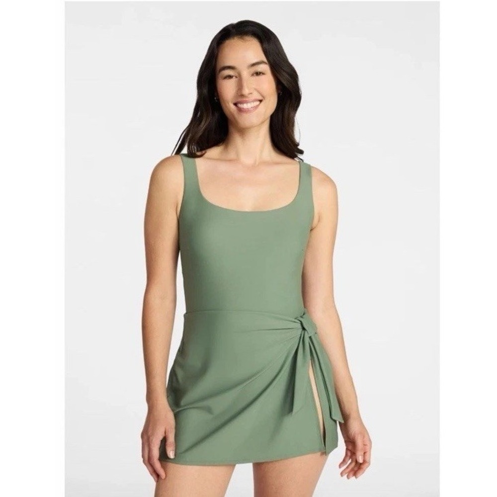 Time And Tru Women's M 8-10 Olive Green Wrap Swimsuit‎ Dress One Piece Swimwear